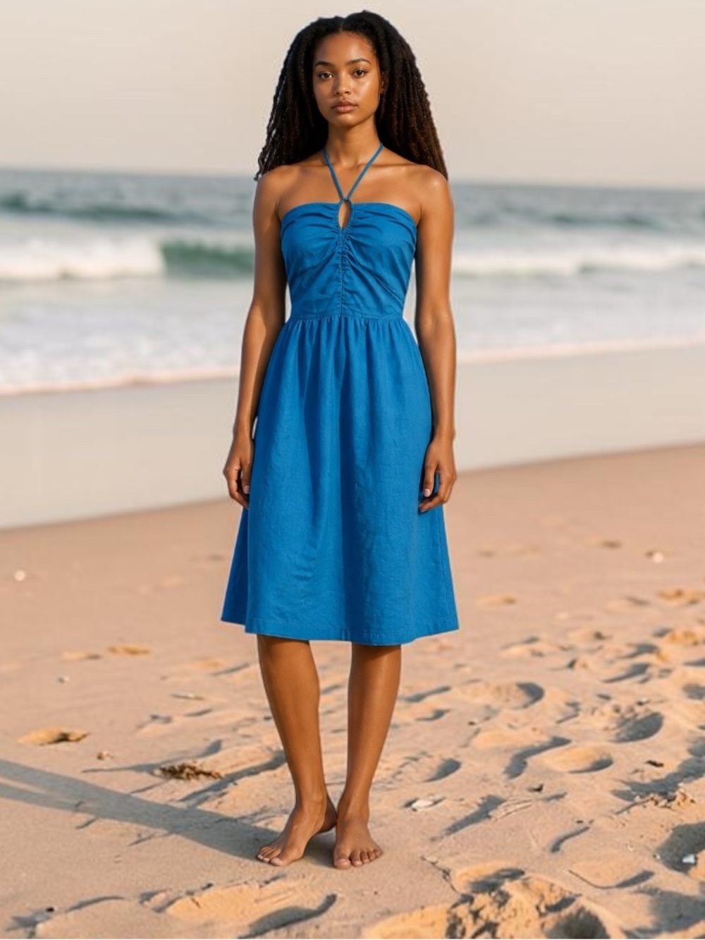 LOFT Blue Halter Neck Smocked Bodice Midi Dress Women’s Size 10 P Sundress